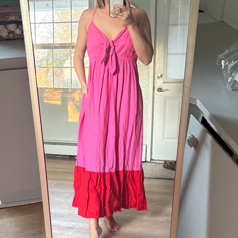 NWT Tabitha Brown Pink & Red Tie-Front Maxi Dress